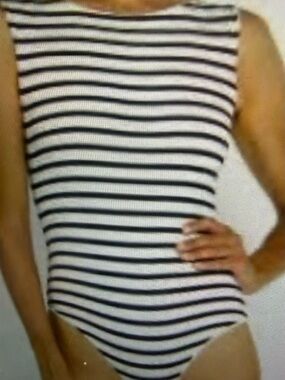 Never worn -Striped high Neck One-Piece Swimsuit - cream/black